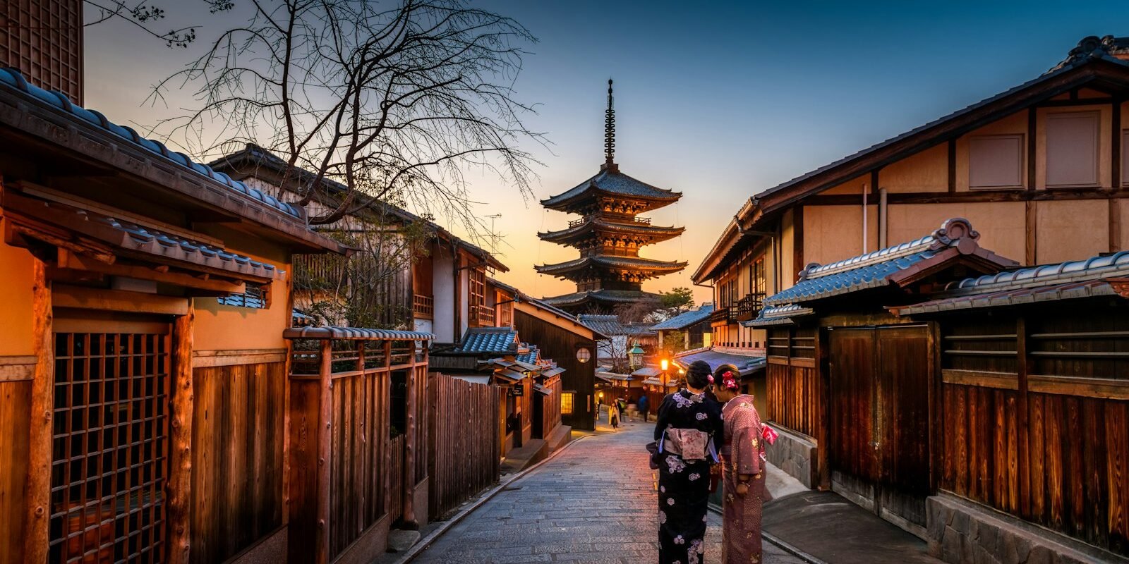 Yasaka Pagoda above a traditional Higashiyama street at dusk