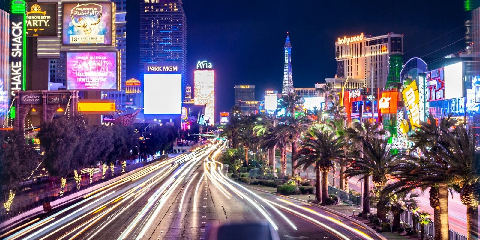 Las Vegas Boulevard and casino lights at night