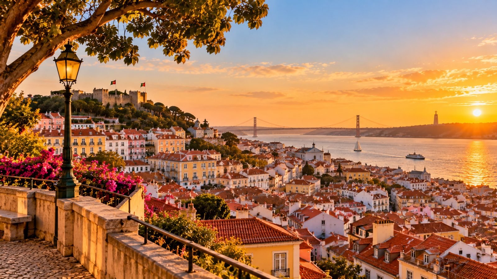 Lisbon rooftops and the Tagus river from a miradouro at sunset
