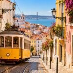 Yellow tram 28 in the Alfama district of Lisbon