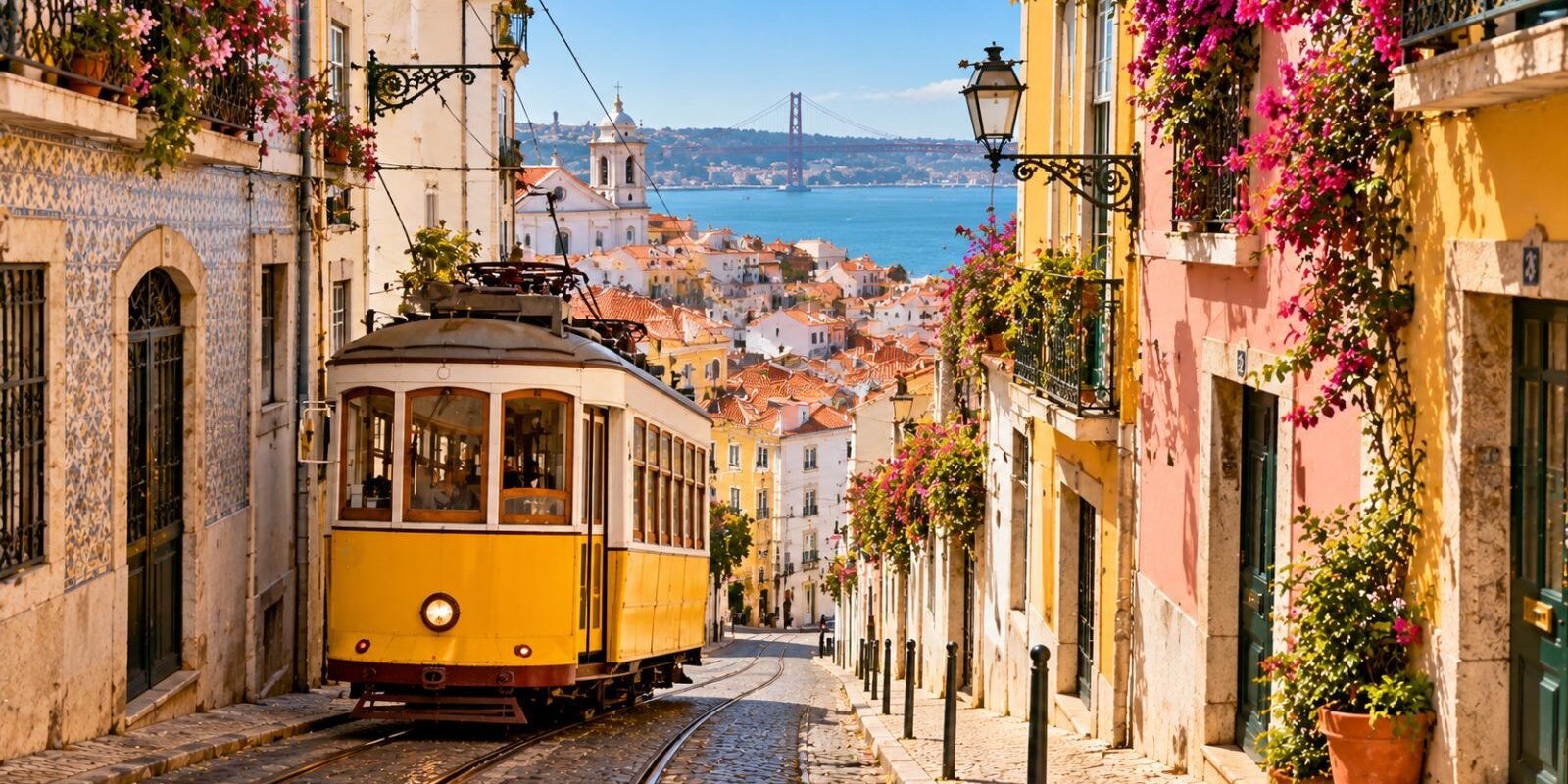 Yellow tram 28 in the Alfama district of Lisbon