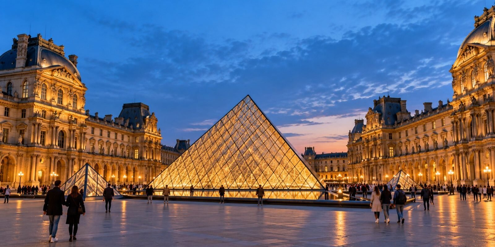 Glass pyramid in the courtyard of the Louvre museum in Paris at blue hour
