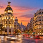 Gran Via in Madrid at dusk