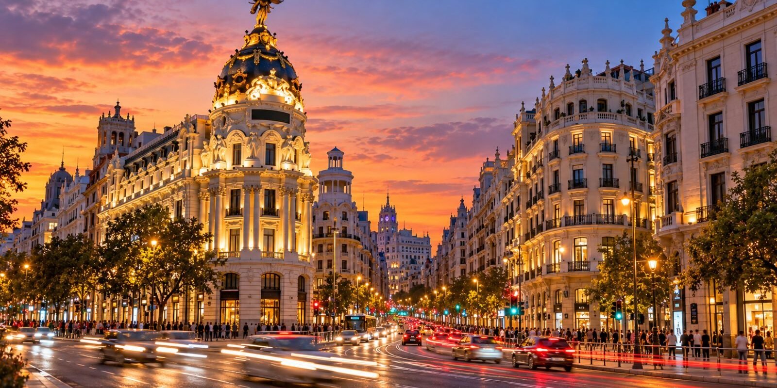 Gran Via in Madrid at dusk