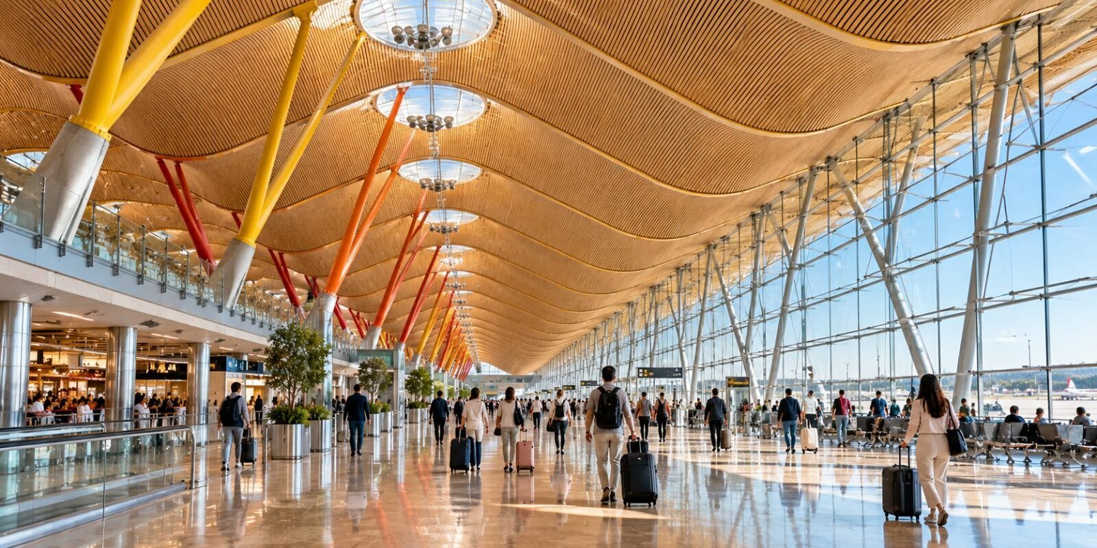 A modern airport terminal with a wavy wooden-slat ceiling