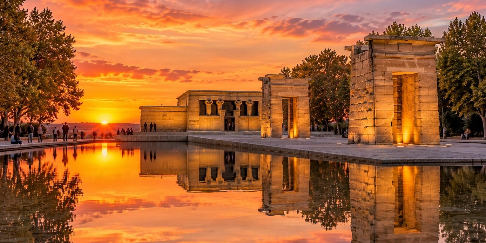 The Temple of Debod in Madrid at sunset reflected in its pool