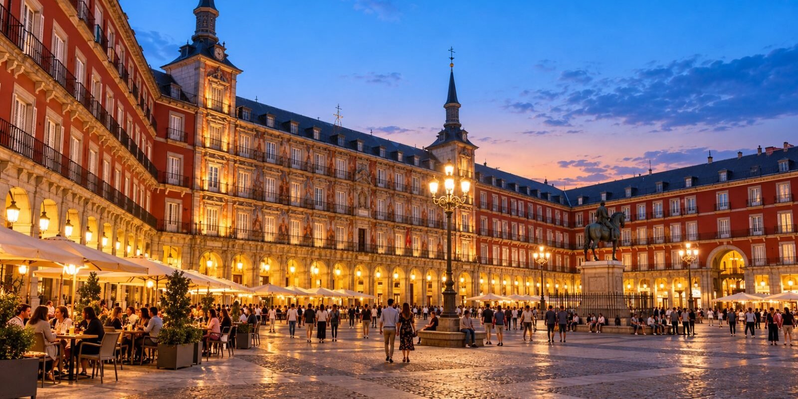 Plaza Mayor in Madrid in the evening with cafe terraces