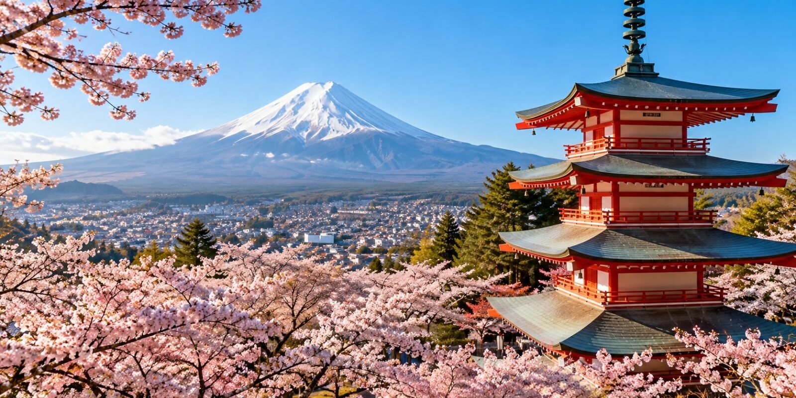 Mount Fuji behind a five-storey pagoda with cherry blossoms