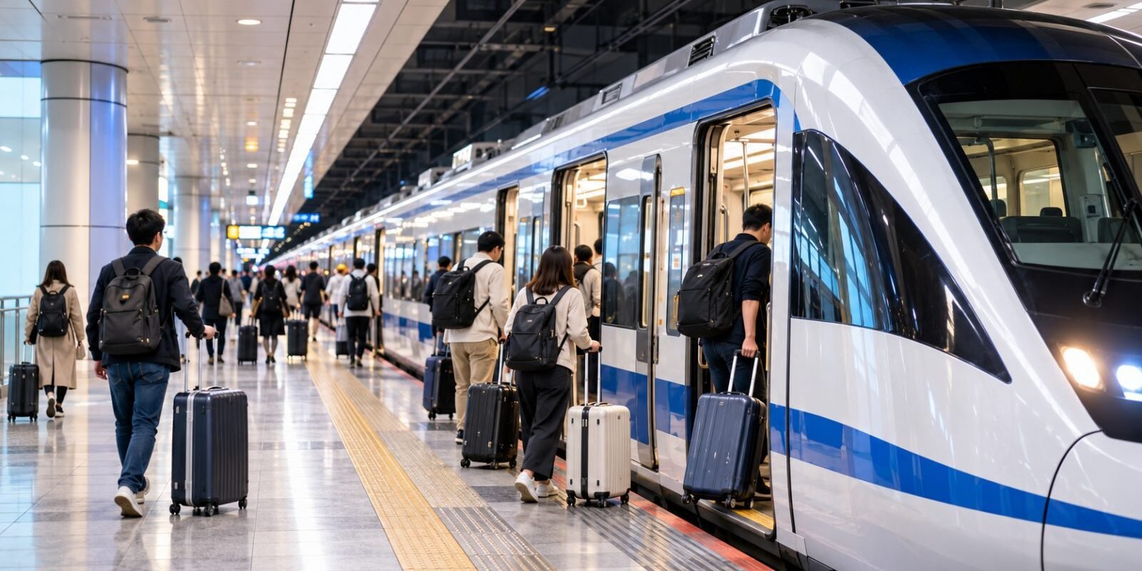 Airport express train waiting at a station platform in Japan with travellers