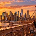 Manhattan skyline from the Brooklyn Bridge at golden hour