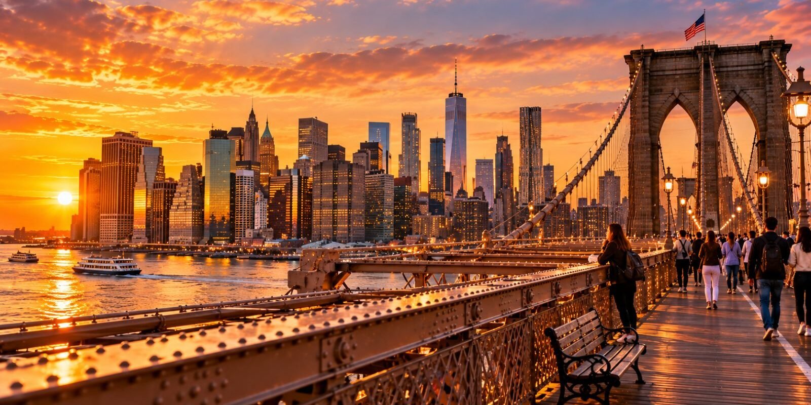Manhattan skyline from the Brooklyn Bridge at golden hour