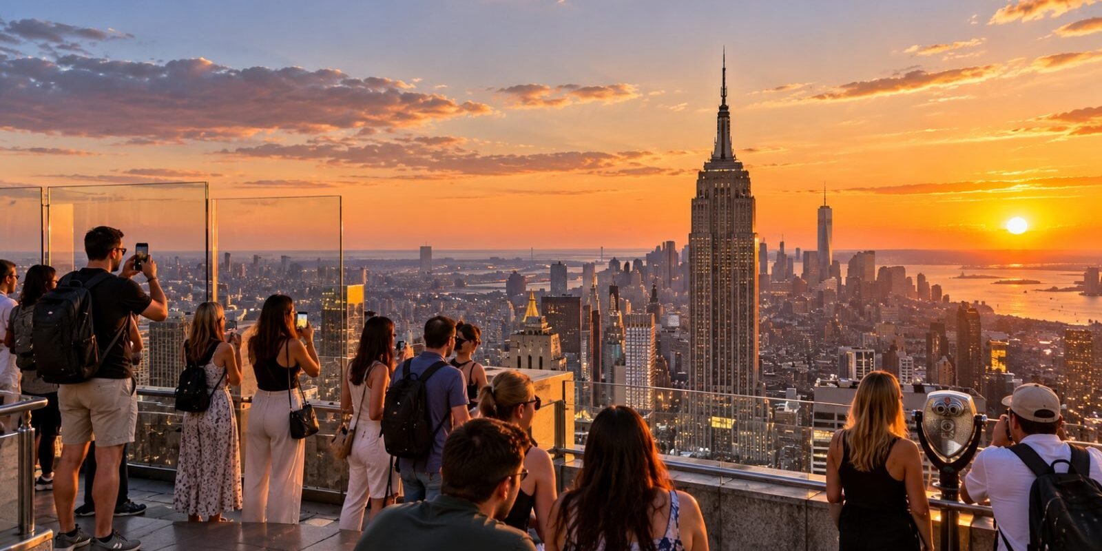 Visitors on an observation deck above Manhattan at sunset with the Empire State Building