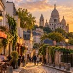 Montmartre street at sunset with the Sacre-Coeur basilica above