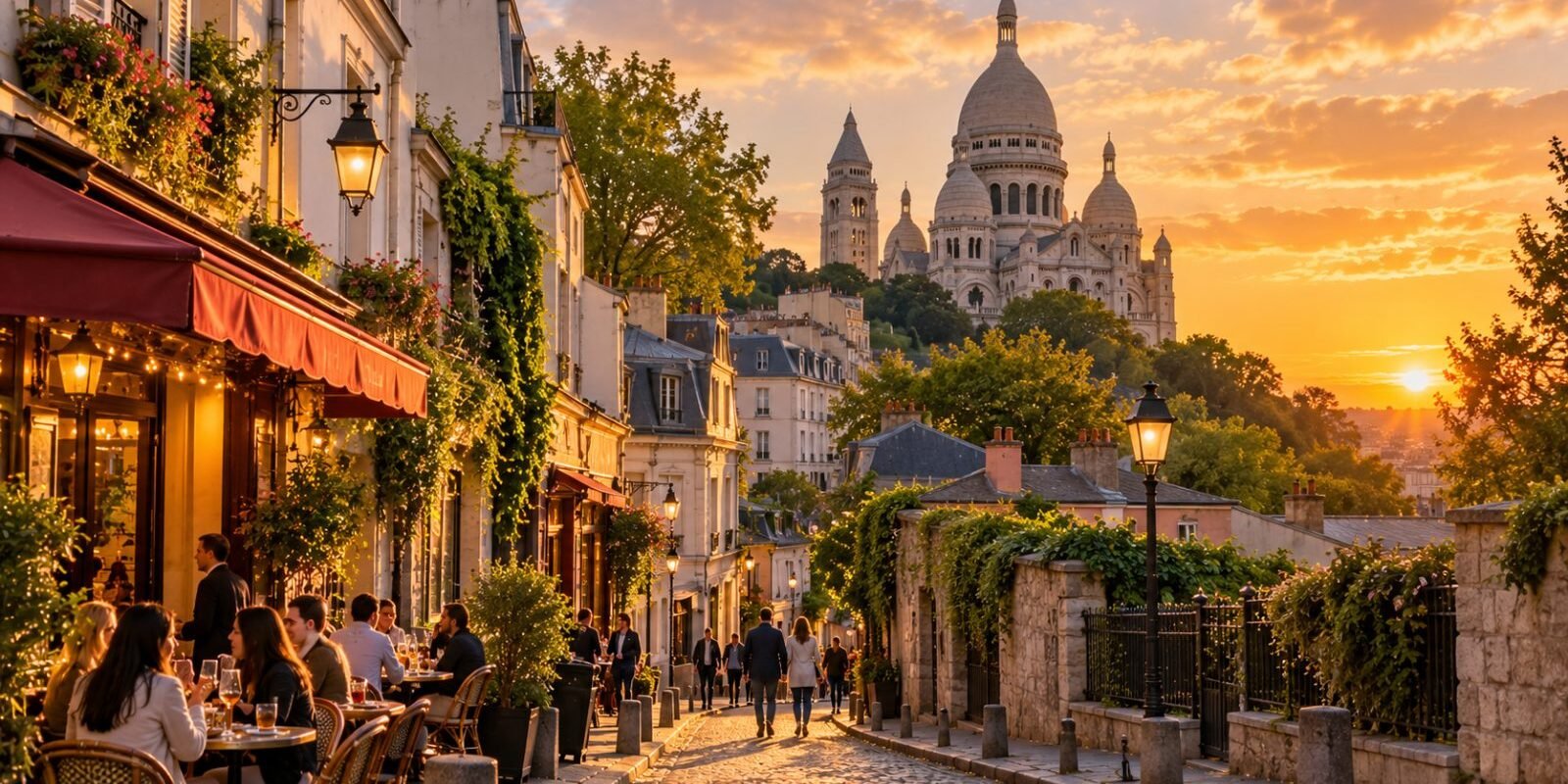 Montmartre street at sunset with the Sacre-Coeur basilica above