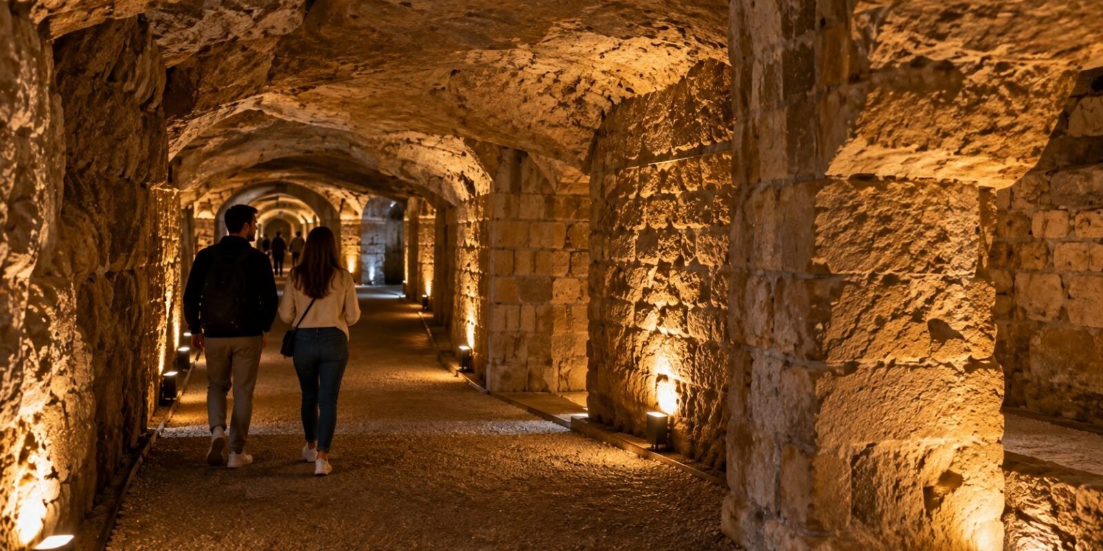 Dimly lit underground limestone tunnel beneath Paris