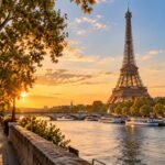 Eiffel Tower and the Seine in Paris at golden hour