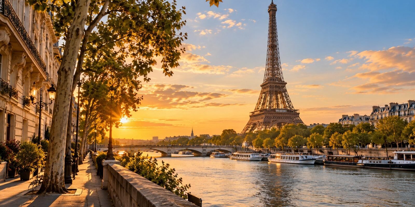Eiffel Tower and the Seine in Paris at golden hour