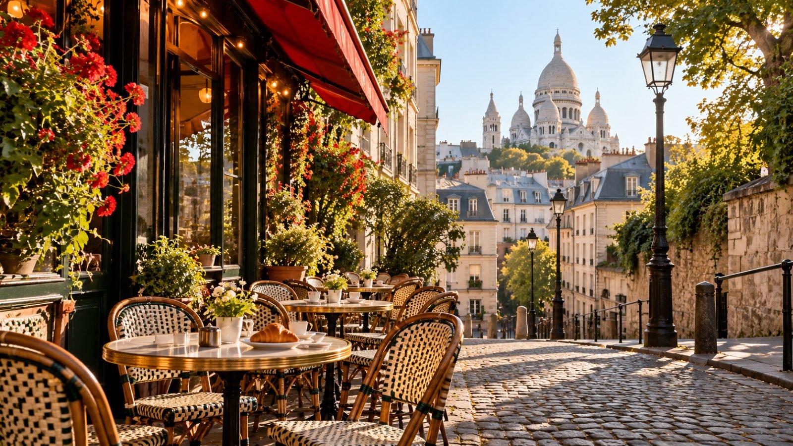 Café terrace on a cobbled street in Montmartre, Paris
