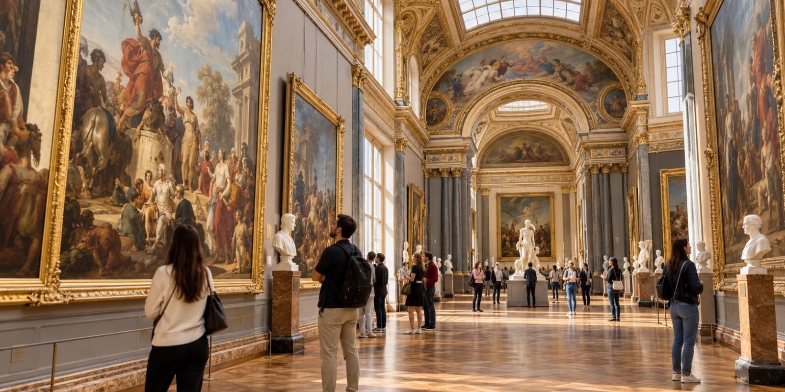 Visitors admiring paintings in a grand Paris art museum gallery