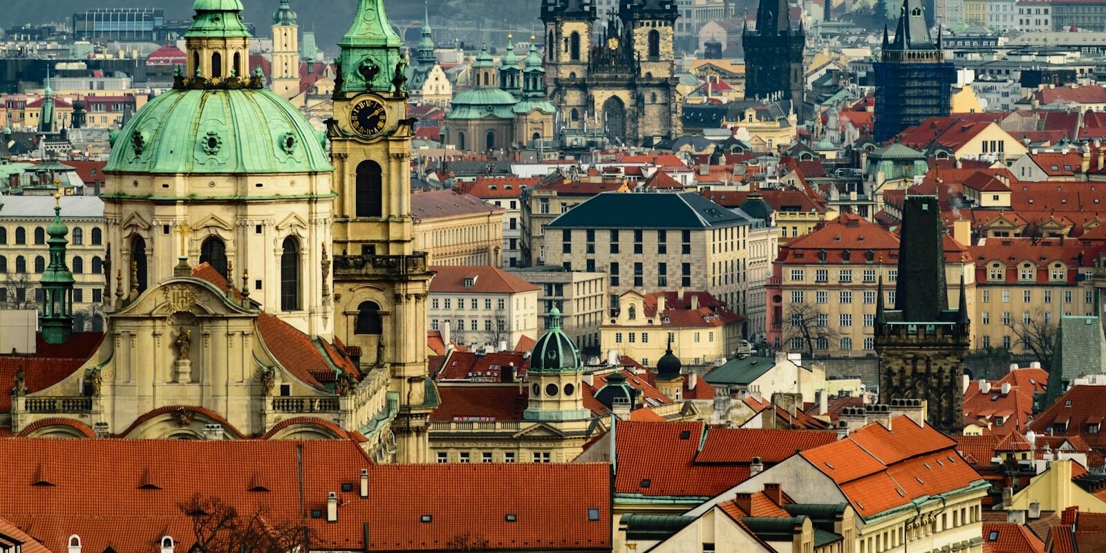 Red rooftops and spires of Prague Old Town