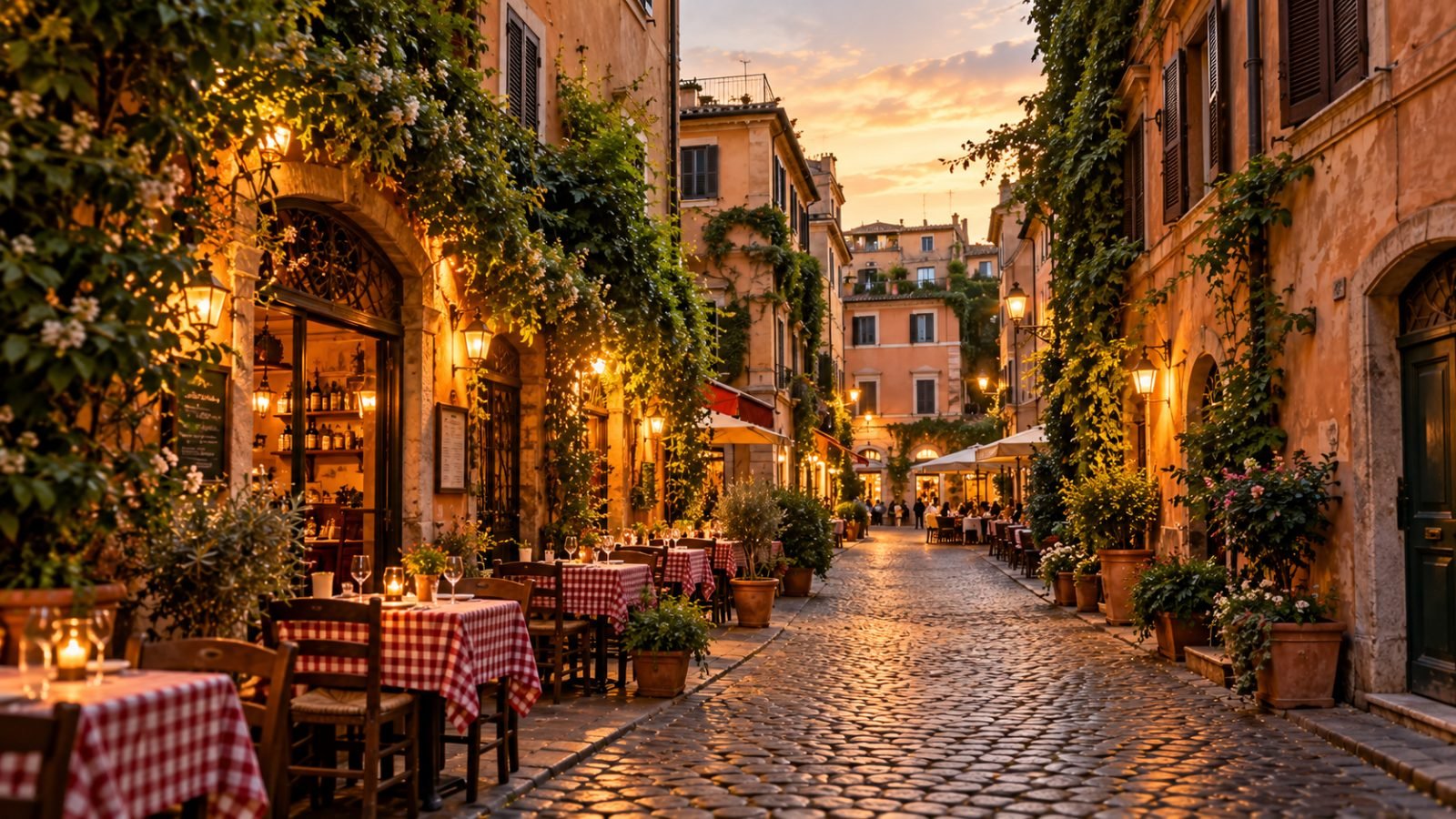 Ivy-covered street with trattoria tables in Trastevere, Rome