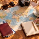Map, passport, notebook, coins and coffee for planning a travel budget