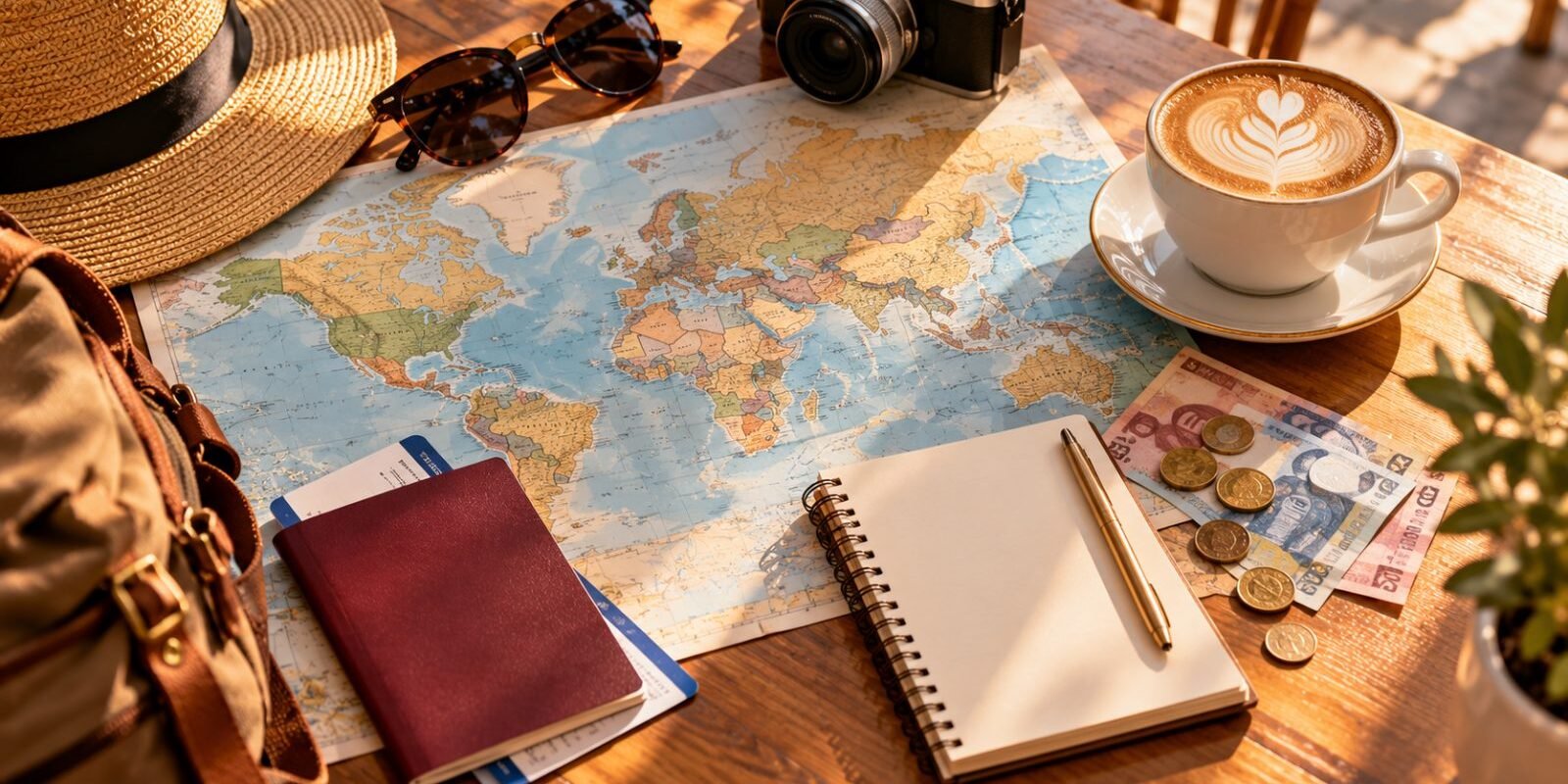 Map, passport, notebook, coins and coffee for planning a travel budget