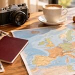 A passport and a map of Europe on a desk for planning a Schengen trip