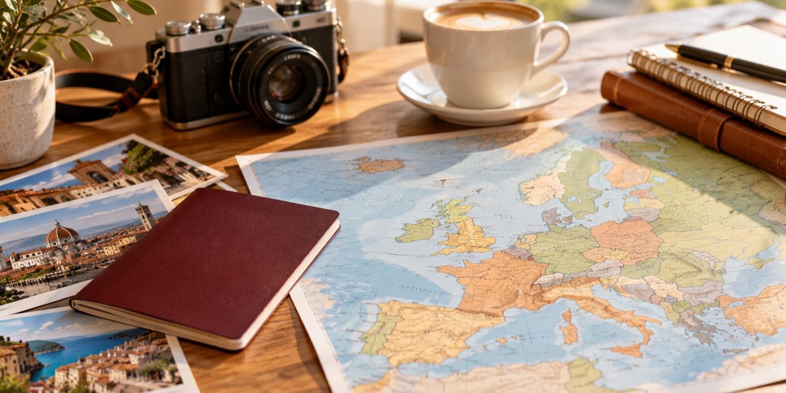 A passport and a map of Europe on a desk for planning a Schengen trip
