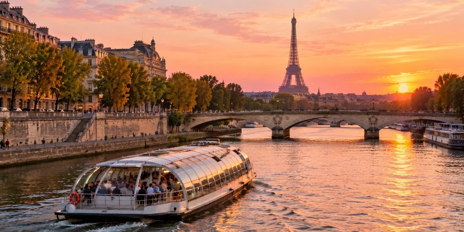 Sightseeing boat on the Seine in Paris at sunset with the Eiffel Tower