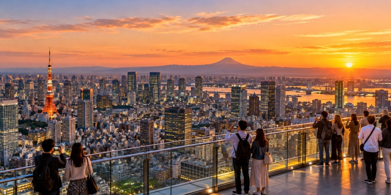 Visitors on an open-air rooftop observation deck above Tokyo at sunset