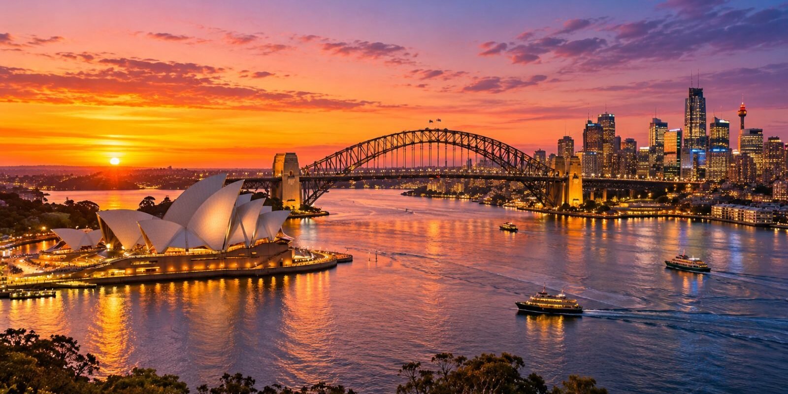 Sydney Harbour at sunset with the Opera House and Harbour Bridge
