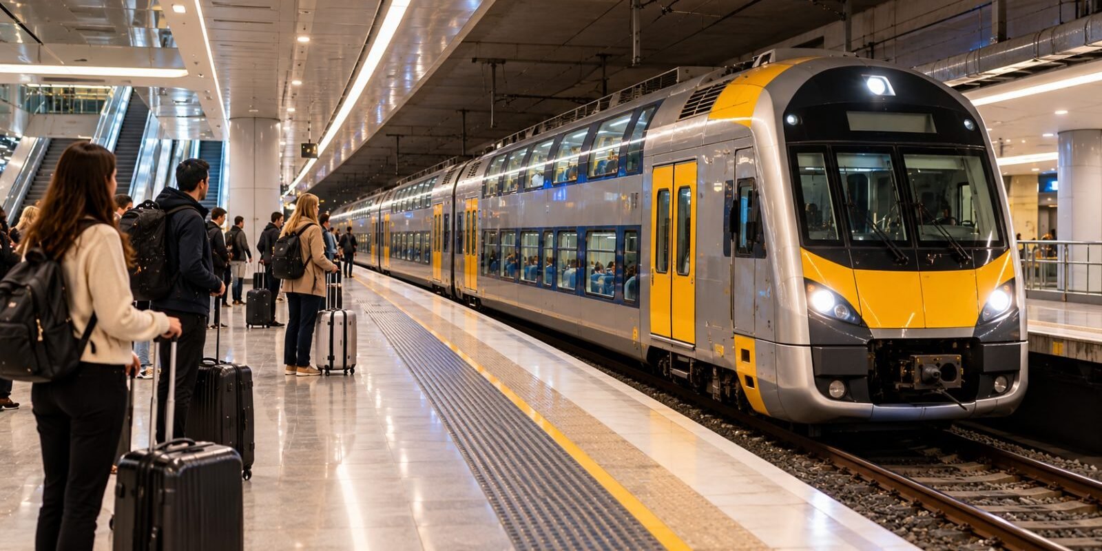 A double-deck train arriving at an airport railway station platform
