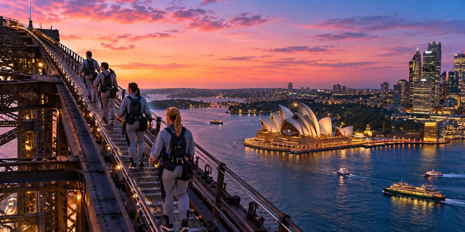 Climbers on the arch of the Sydney Harbour Bridge at twilight