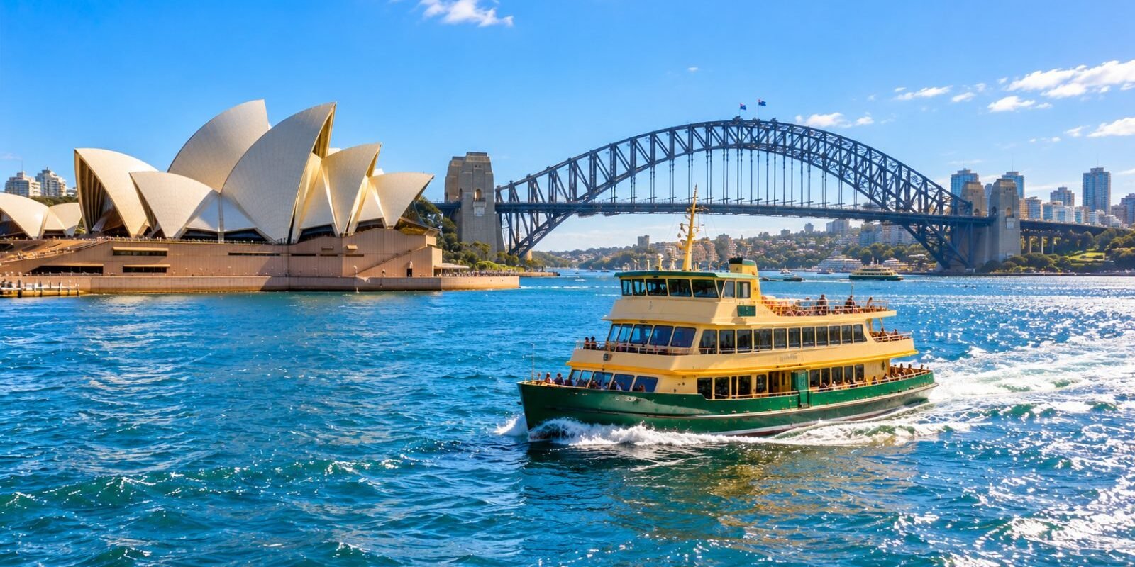 A Sydney ferry crossing the harbour with the Opera House and Harbour Bridge behind
