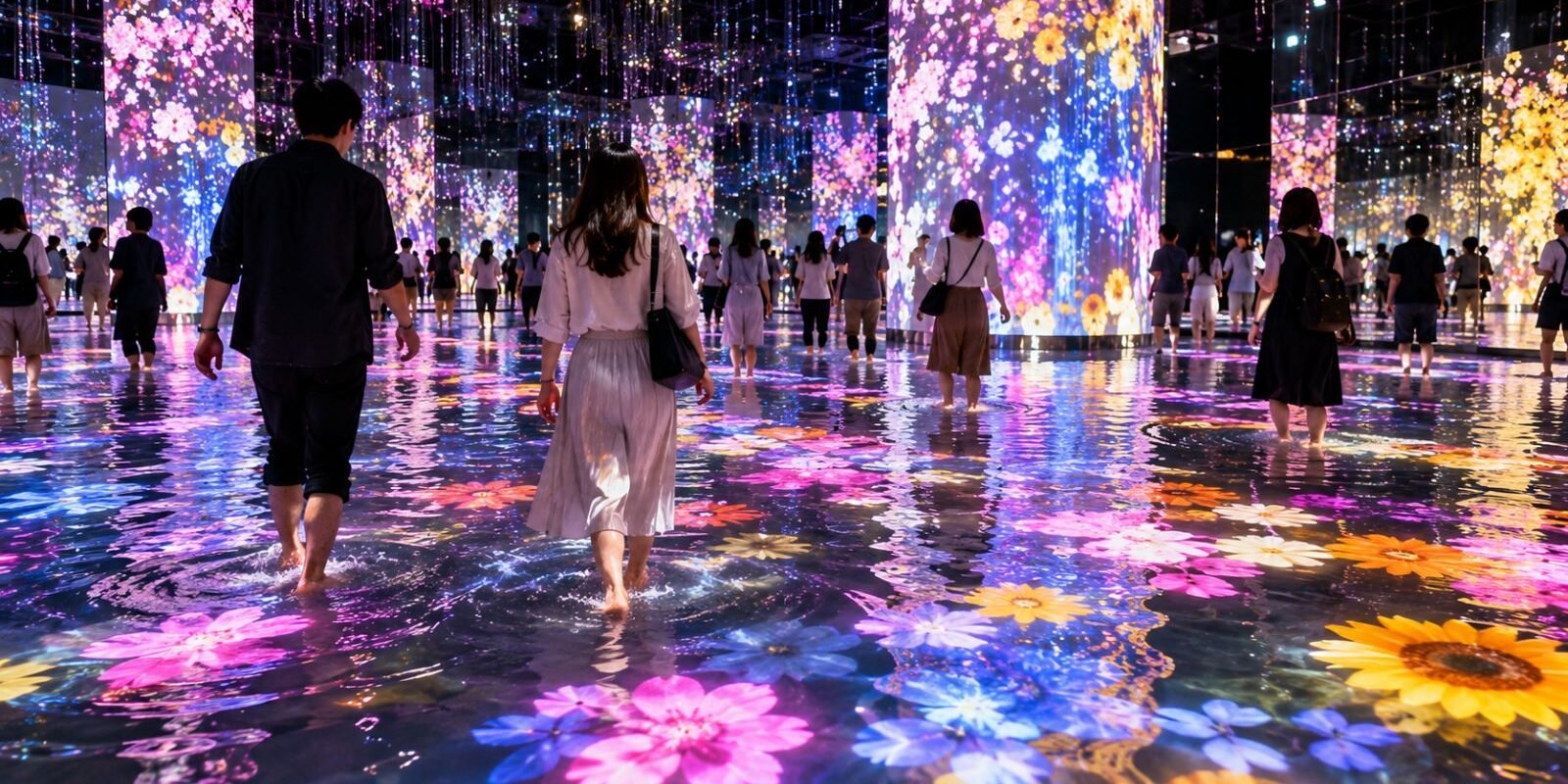 Visitors in an immersive digital art room filled with light and floating flowers