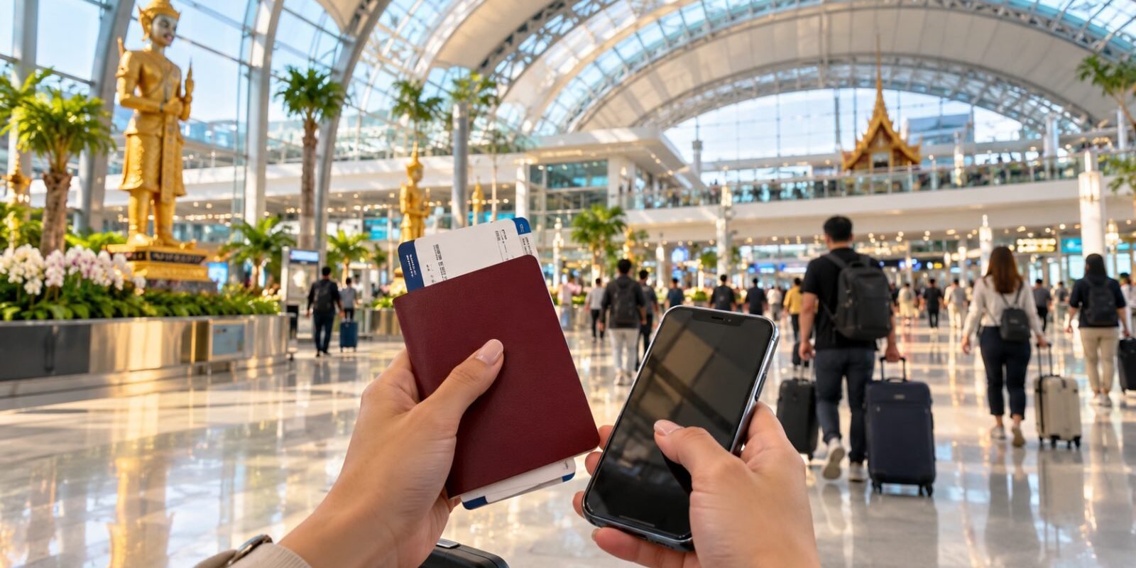 A traveller holding a passport and phone in a Thai airport arrivals hall