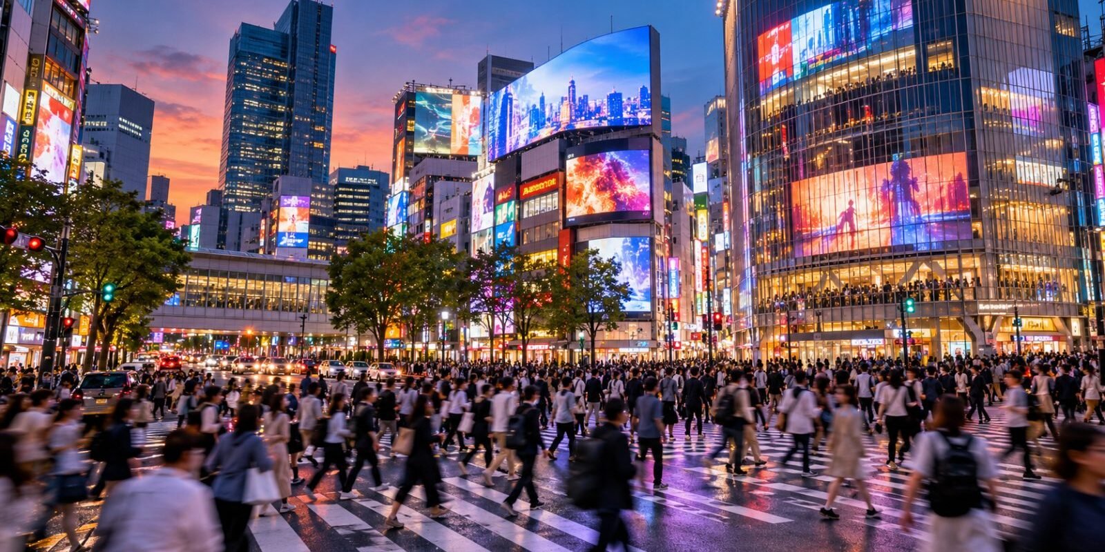 Crowds crossing Shibuya Crossing in Tokyo at dusk under neon lights