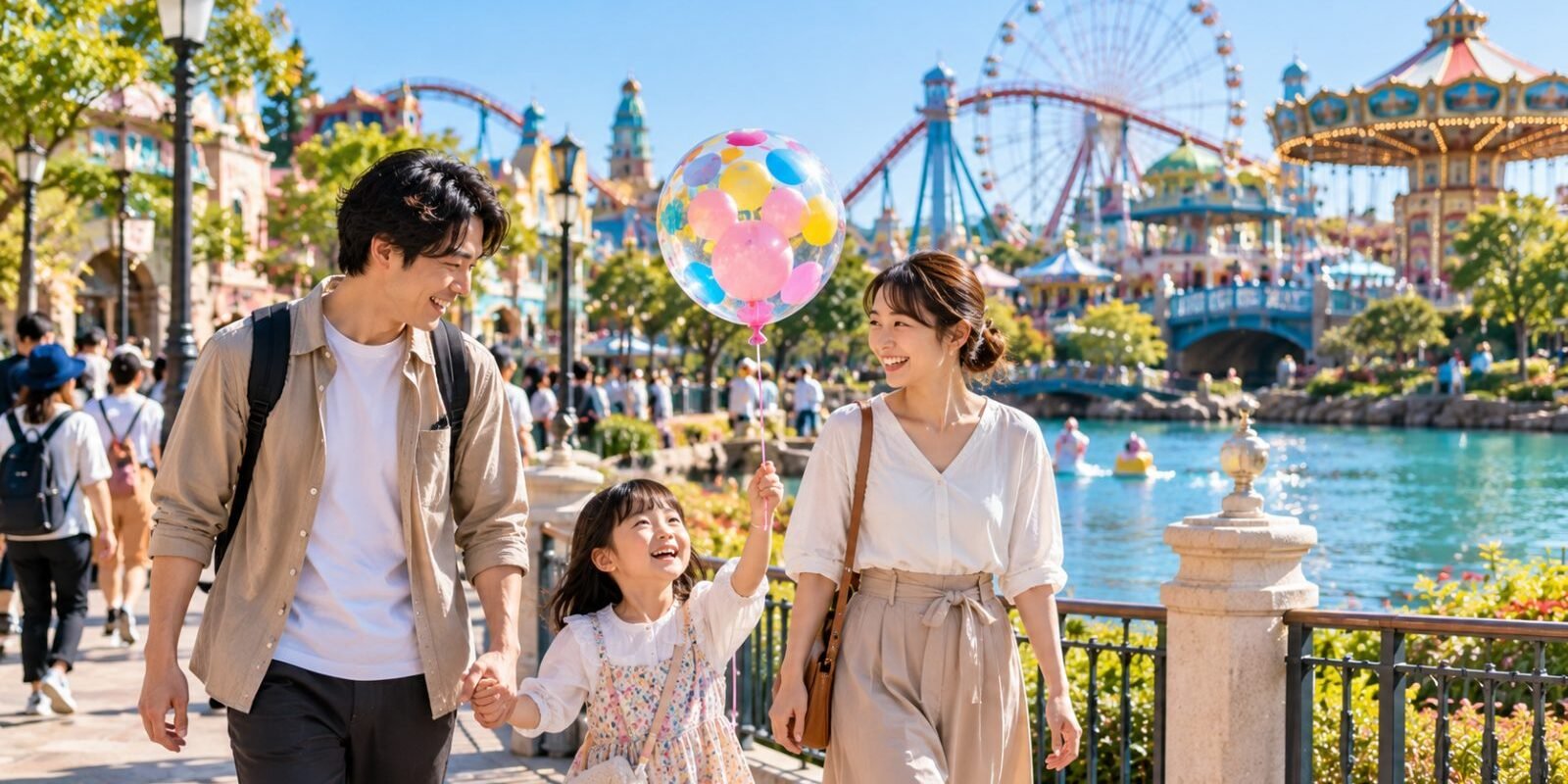 Family with balloons enjoying a sunny day at a theme park near Tokyo