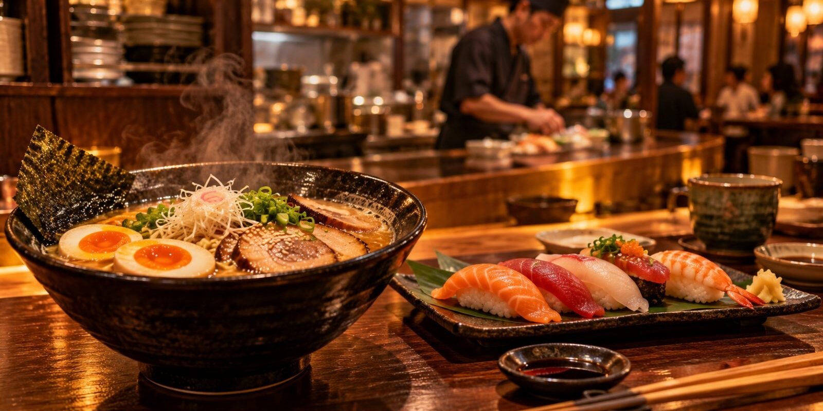 A bowl of ramen and fresh nigiri sushi on a wooden counter in a Tokyo restaurant