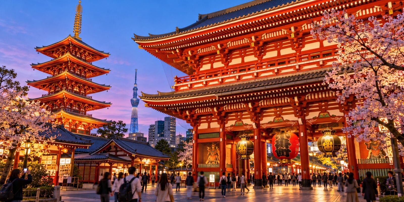 Sensō-ji temple and pagoda in Asakusa, Tokyo, with red lanterns and cherry blossoms