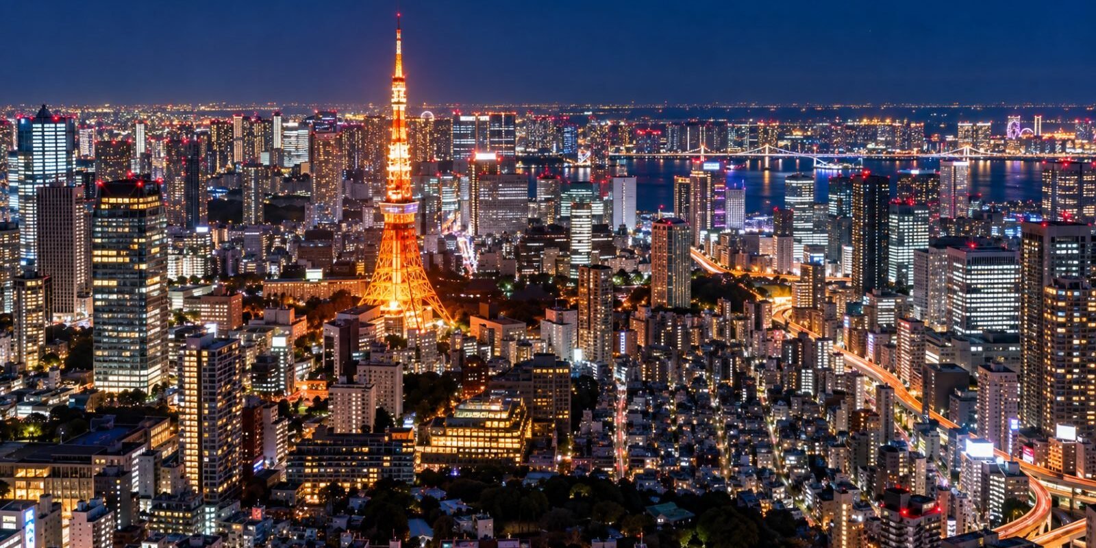 Tokyo Tower lit up at night, seen from an observation deck over the city