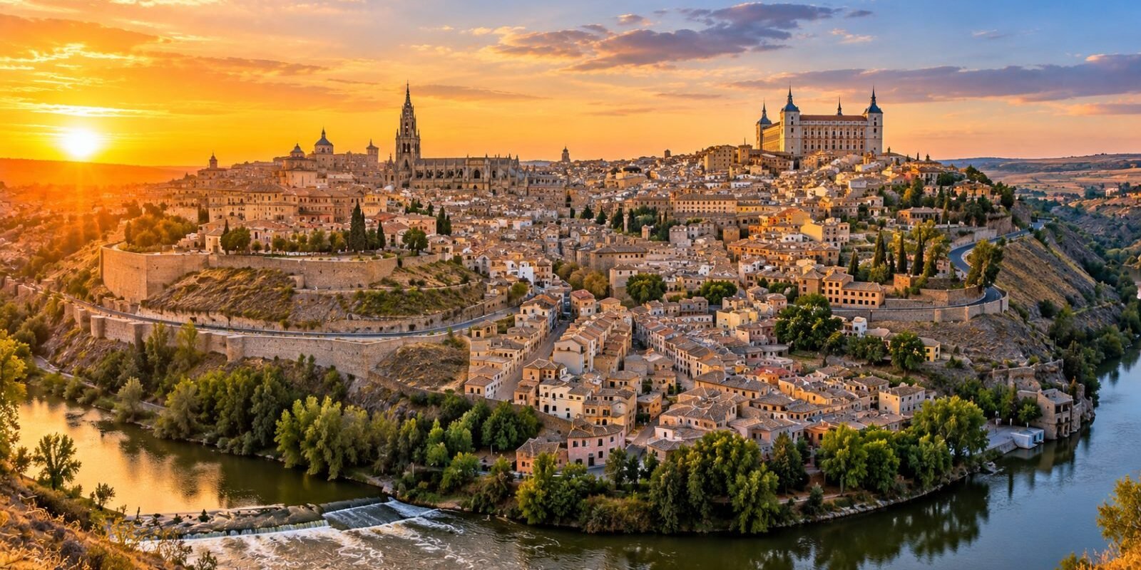 Toledo old town above the River Tagus at sunset