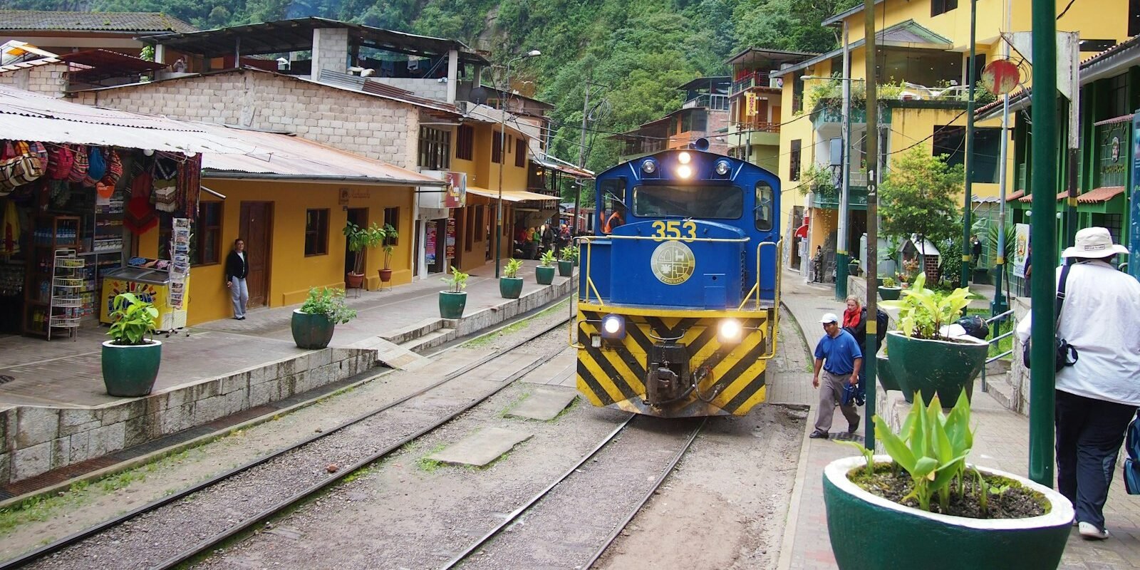 Train to Machu Picchu at a station in the Sacred Valley