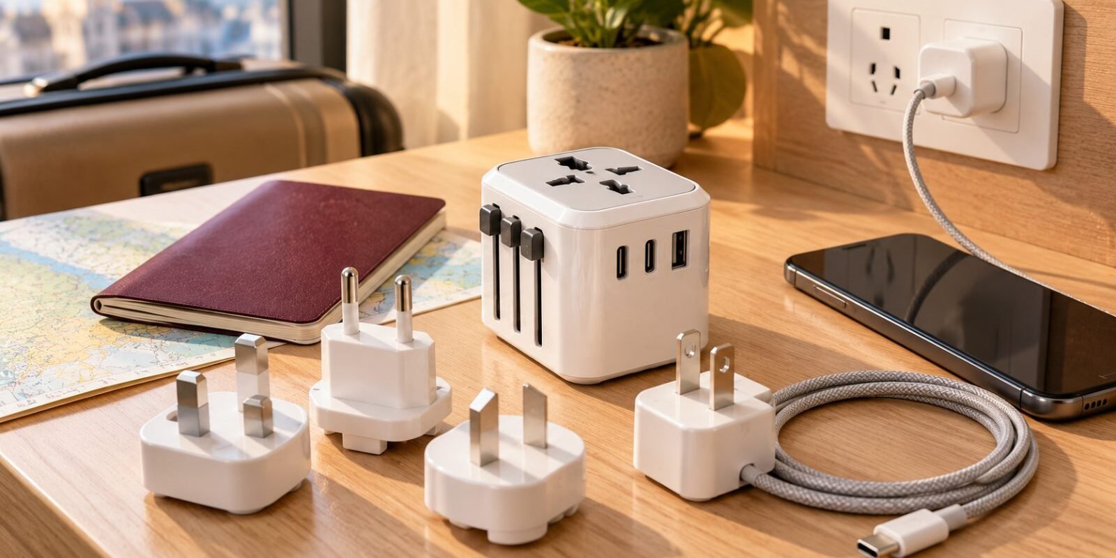 International travel plug adapters and chargers on a hotel desk