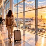 Traveller with a backpack and suitcase in an airport terminal