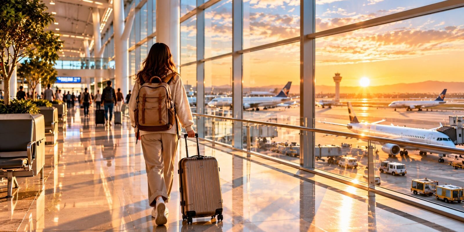 Traveller with a backpack and suitcase in an airport terminal