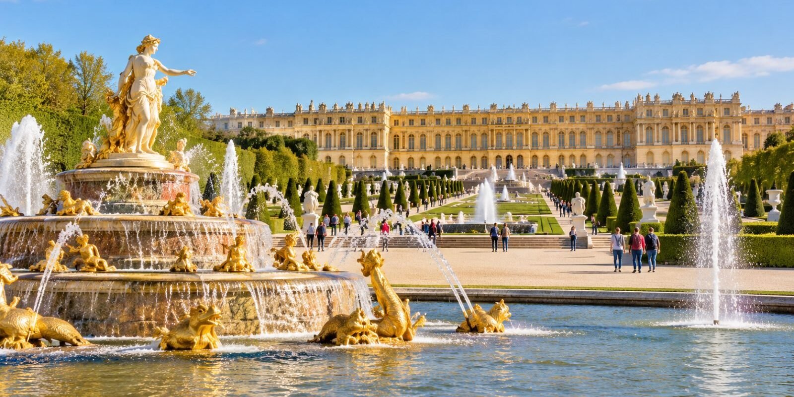 Gardens and fountains of a grand French royal palace near Paris