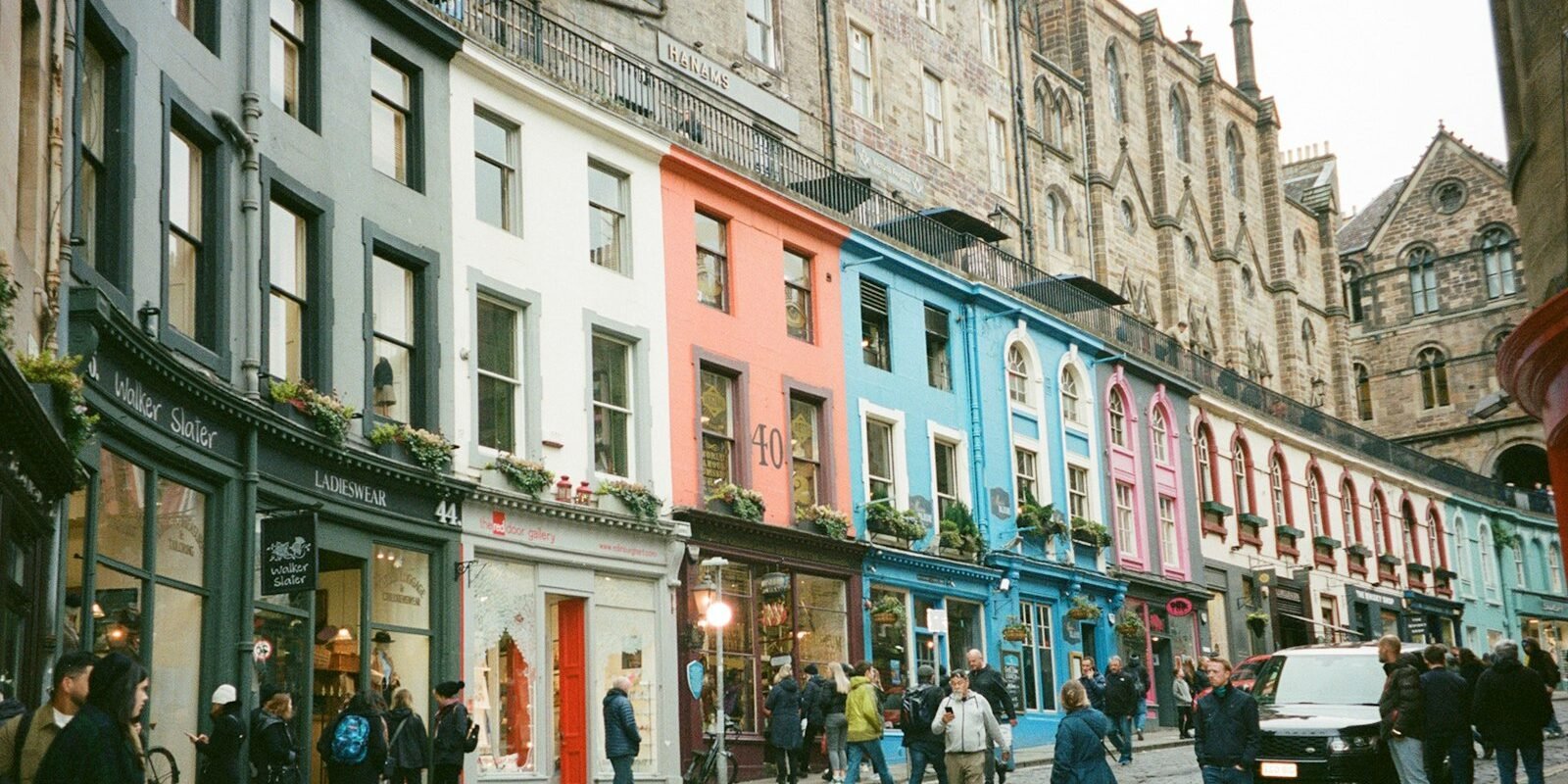 Colourful shopfronts on Victoria Street, Edinburgh
