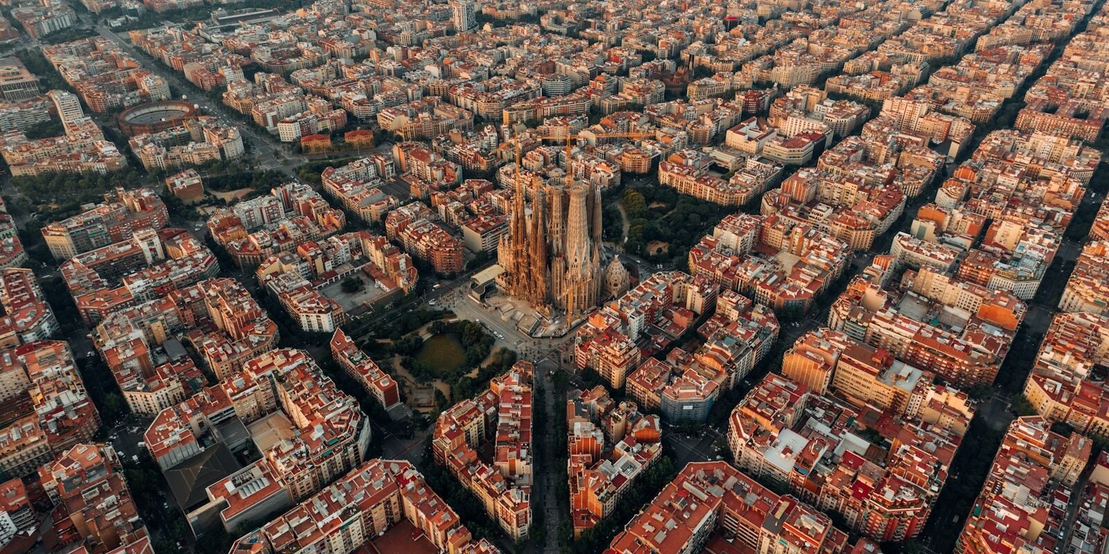 Aerial view of the Eixample grid and the Sagrada Família